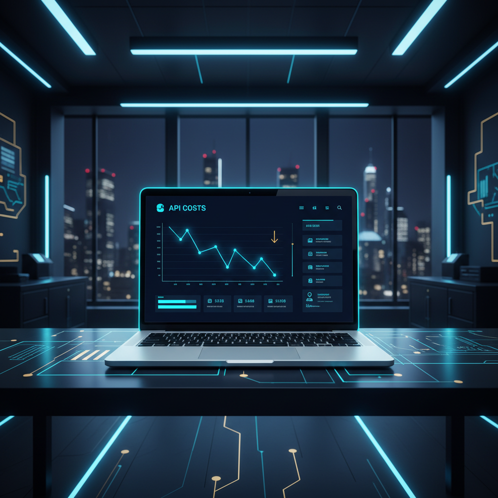 A clean, modern office with a laptop open to a dashboard showing a graph of API costs trending do... - AI Precision Marketing