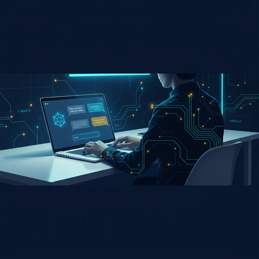 A person at a minimalist desk using a MacBook, with a simple and clean AI chat interface visible... - AI Precision Marketing