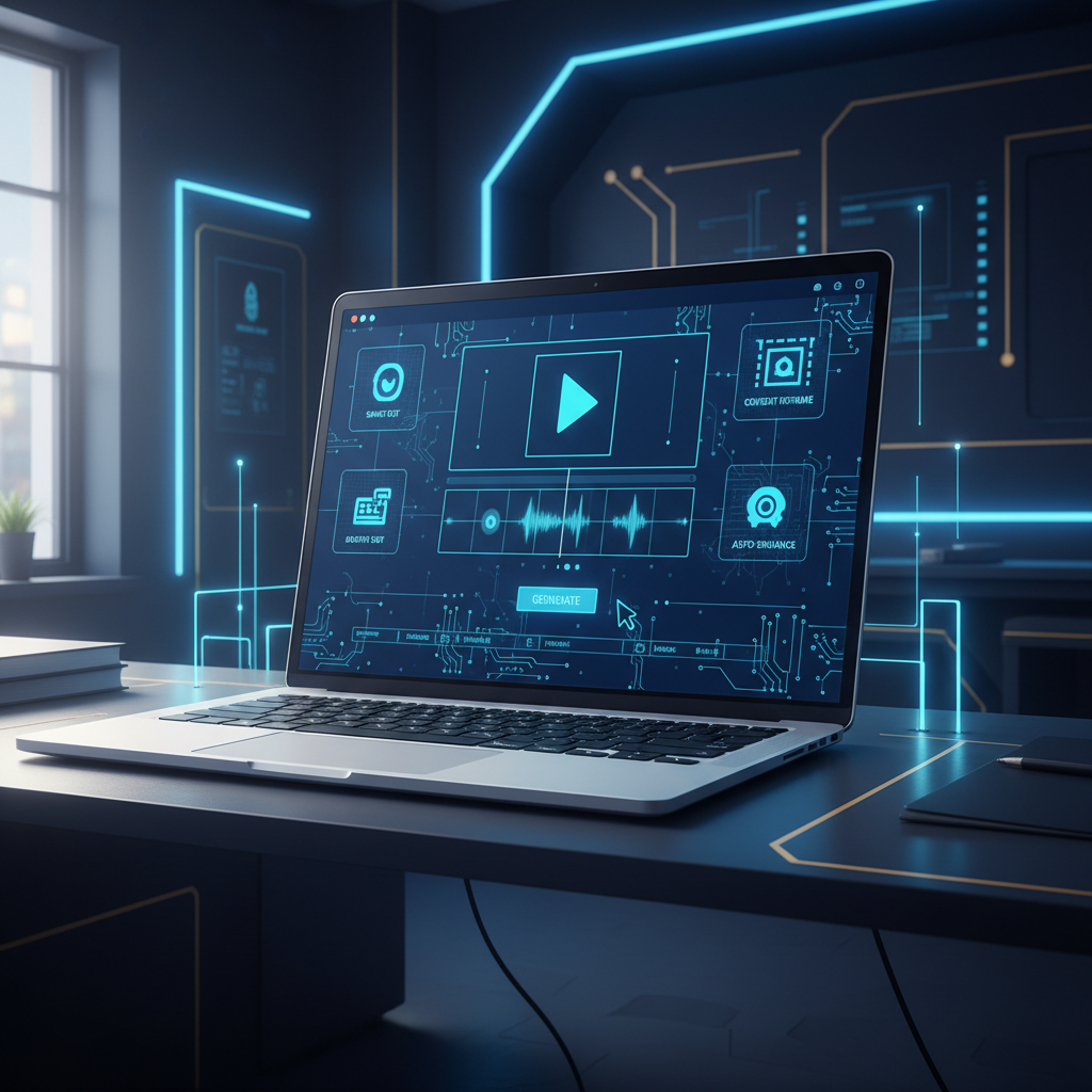 Modern tech scene, clean office, laptop screen showing a user editing a video with AI, natural li... - AI Precision Marketing