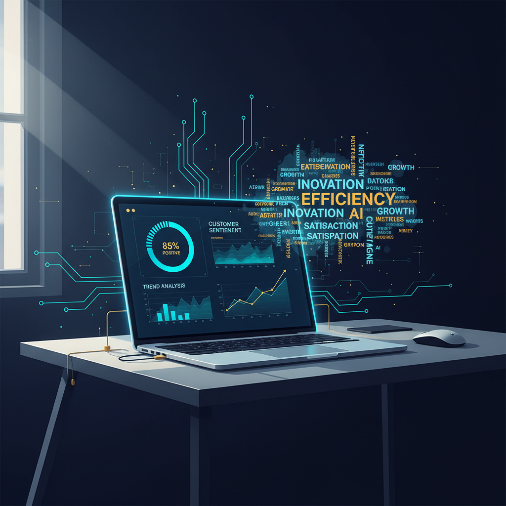 Modern tech workspace, laptop screen displaying a dashboard with AI-generated customer sentiment... - AI Precision Marketing