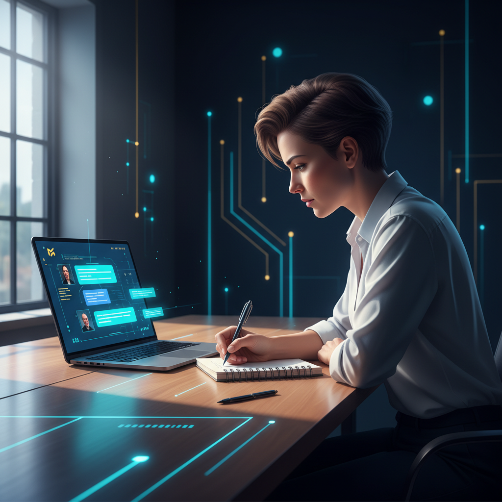 A focused small business owner at a clean wooden desk, thoughtfully reviewing a document on a lap... - AI Precision Marketing