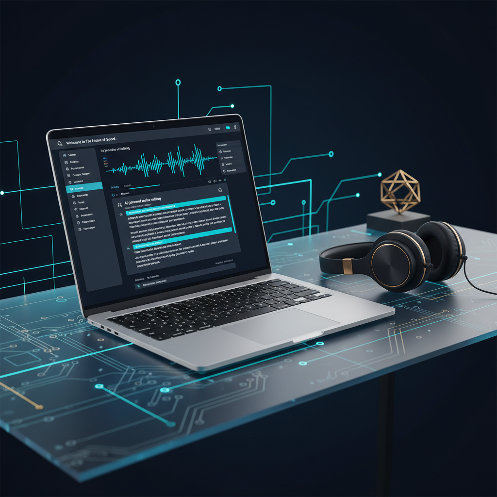 A clean, modern desk setup with a laptop open. The screen shows a dashboard with audio waveforms... - AI Precision Marketing