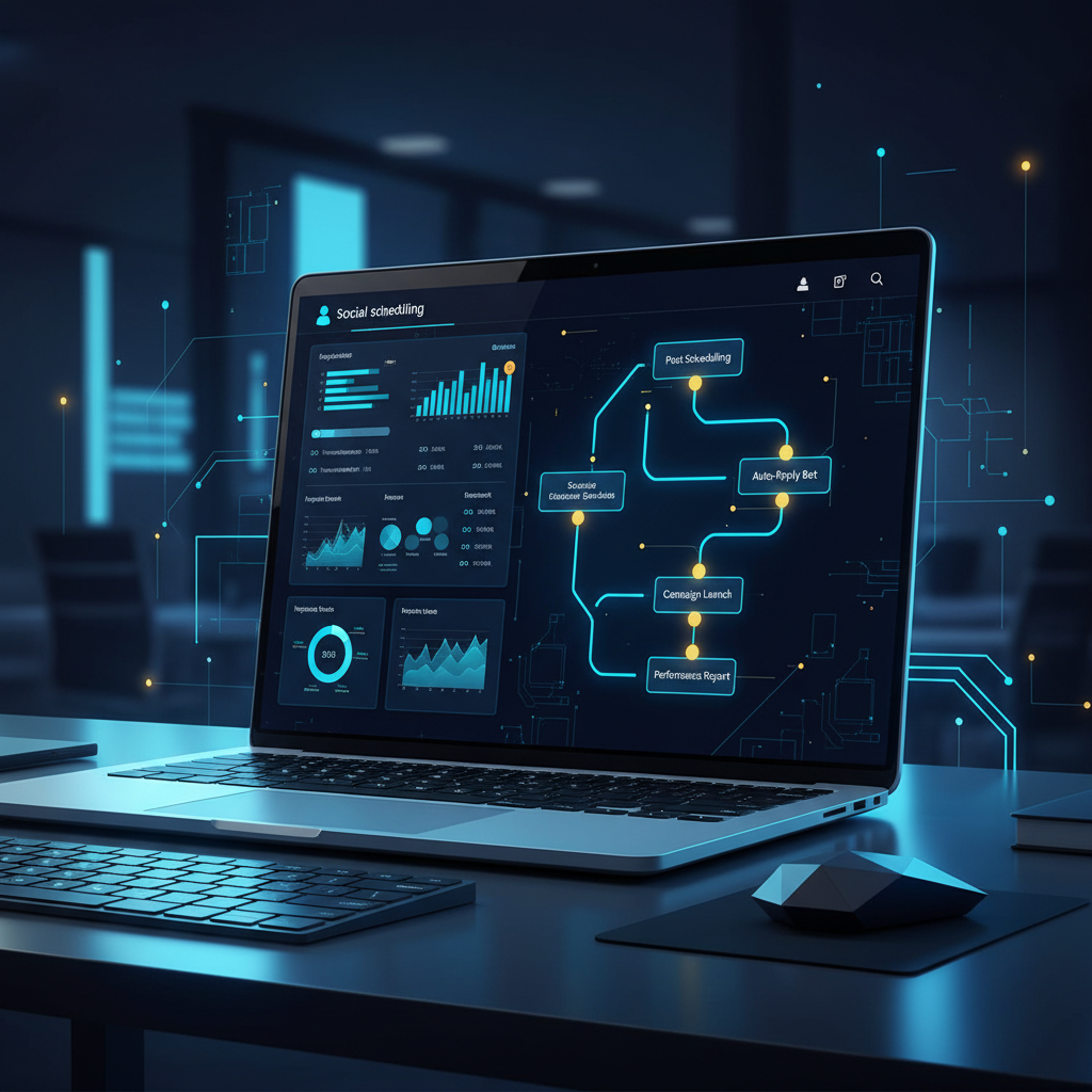 Modern tech scene, close-up on a laptop screen displaying social media analytics and automation f... - AI Precision Marketing