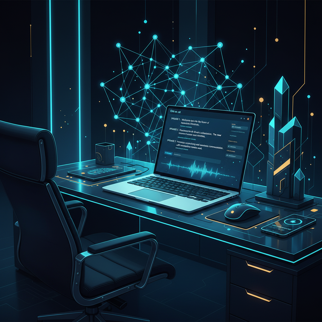 Modern tech workspace scene, laptop screen displaying Otter.ai interface with a live transcriptio... - AI Precision Marketing