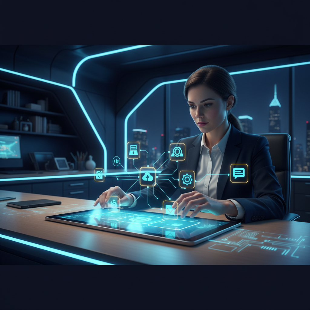 A small business owner sitting at a clean wooden desk, thoughtfully arranging icons of different... - AI Precision Marketing