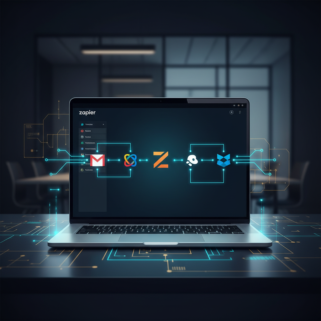 A laptop on a desk showing the Zapier interface, with clean lines connecting the logos of differe... - AI Precision Marketing