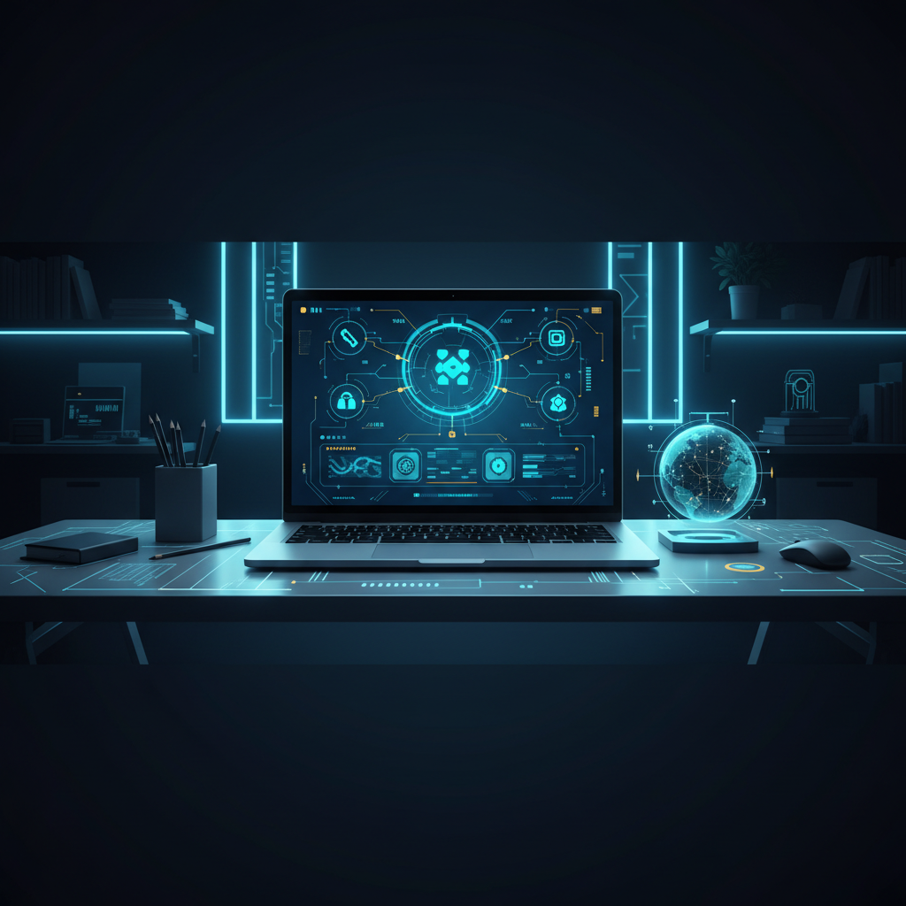 Modern tech workspace, clean office, laptop screen showing a unified AI dashboard with various to... - AI Precision Marketing