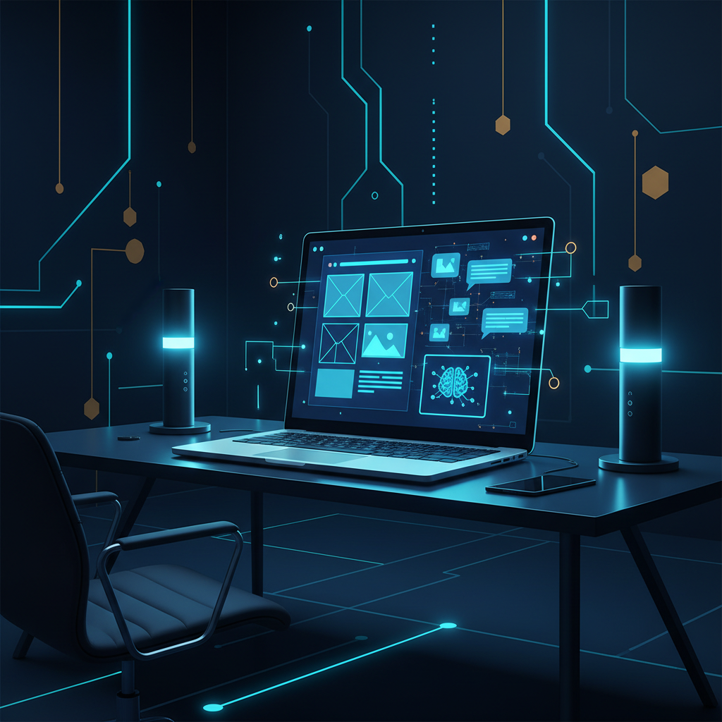 Modern tech workspace, laptop screen showing a design and content creation interface with AI sugg... - AI Precision Marketing