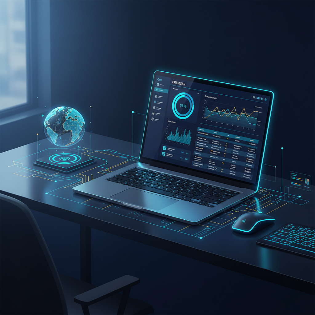 A clean, modern office desk with a laptop open to a CRM dashboard. The screen shows charts and cu... - AI Precision Marketing