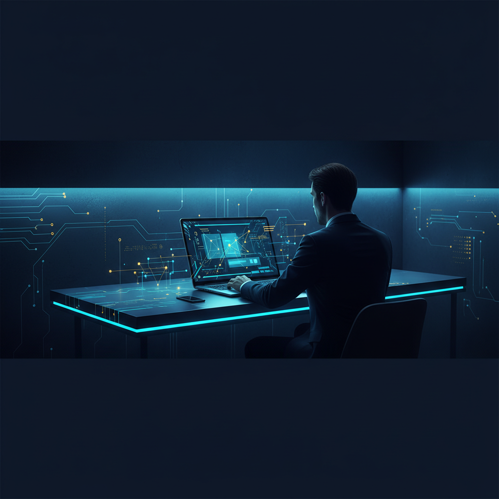 A person at a minimalist desk looking at a laptop screen displaying a sleek, modern presentation... - AI Precision Marketing