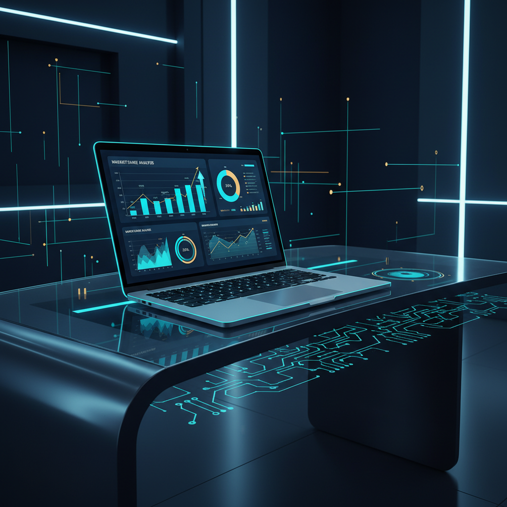 A clean, modern office with a laptop on a desk showing a complex data dashboard with charts and g... - AI Precision Marketing