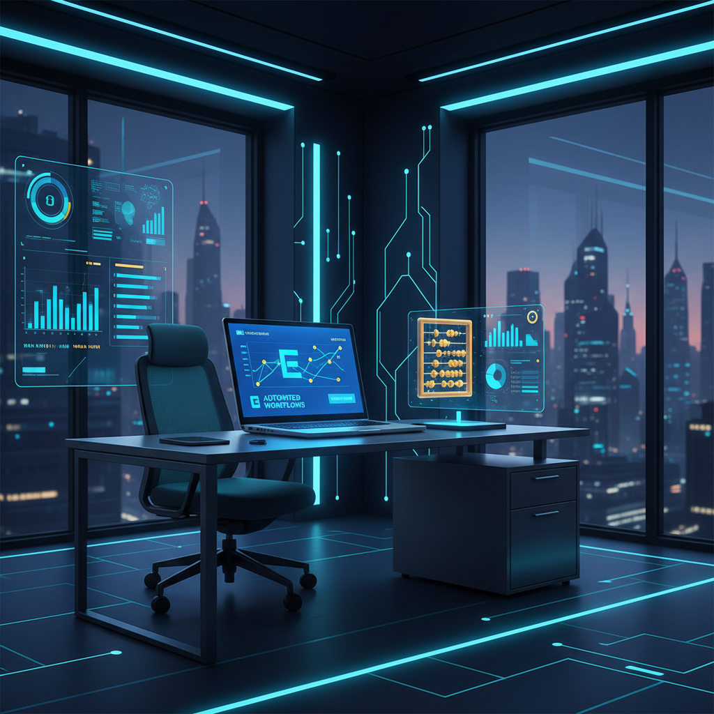 A modern, clean office space for a small law firm or accounting agency. A laptop is open on a des... - AI Precision Marketing