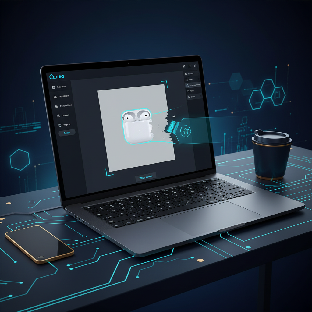 A laptop on a clean, minimalist desk shows the Canva interface. The screen displays a product pho... - AI Precision Marketing