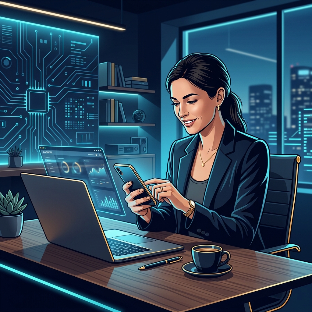 Modern small business owner texting on smartphone at clean desk with laptop and coffee, natural o... - AI Precision Marketing