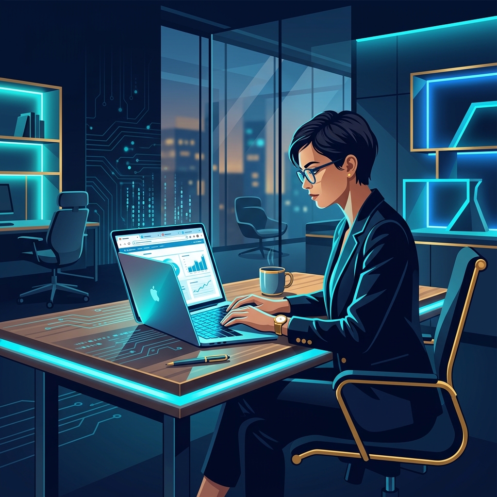 Professional using laptop for research at modern desk, multiple browser tabs visible, clean brigh... - AI Precision Marketing