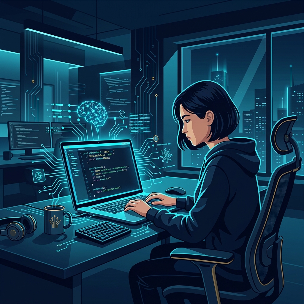 Modern tech office, laptop on desk, developer reviewing code, subtle AI graphics, natural lighting - AI Precision Marketing