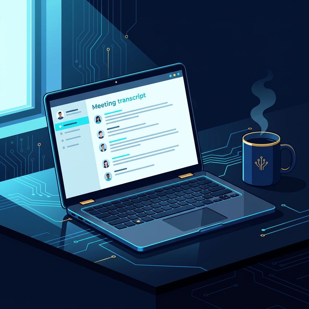 Clean home office, laptop open to meeting transcript, coffee mug, natural light - AI Precision Marketing