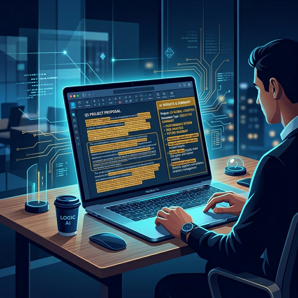 Modern office scene with laptop showing a document interface with AI highlighting and summarizing... - AI Precision Marketing