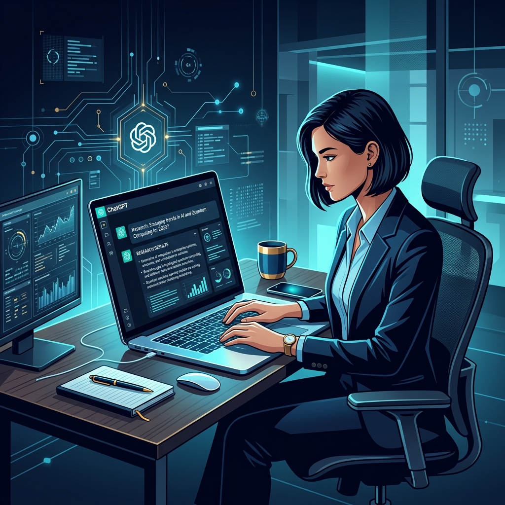 Person working at a desk with laptop showing ChatGPT interface with research results - AI Precision Marketing