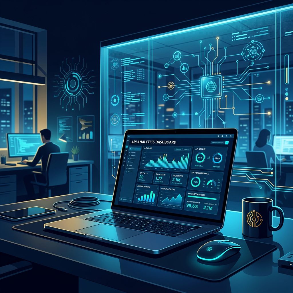 Modern tech workspace with laptop showing API dashboard, clean office setting - AI Precision Marketing