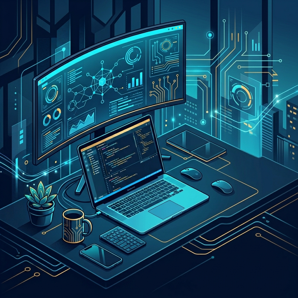 Modern tech workspace with laptop showing code editor interface - AI Precision Marketing