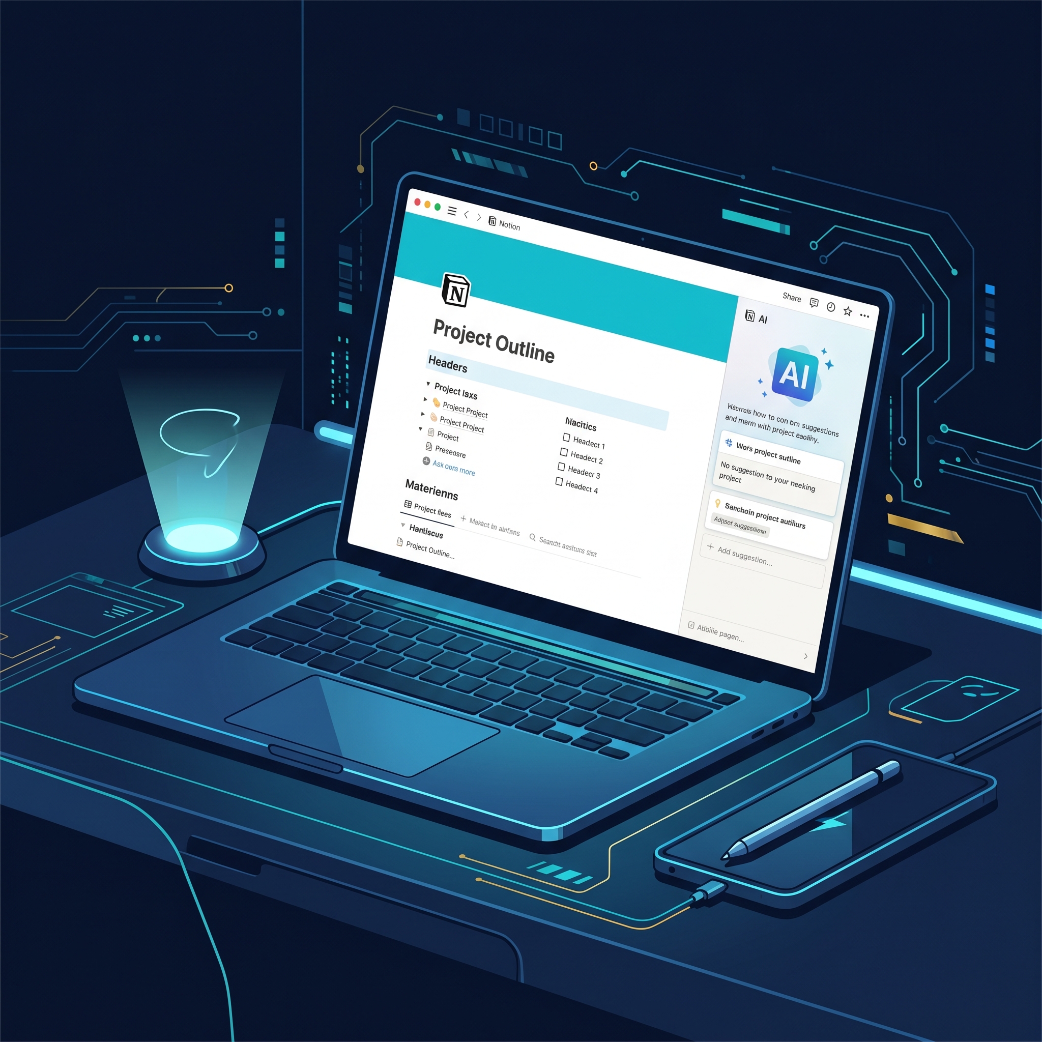 Modern tech workspace, clean office, laptop screen showing Notion page with AI sidebar, natural l... - AI Precision Marketing