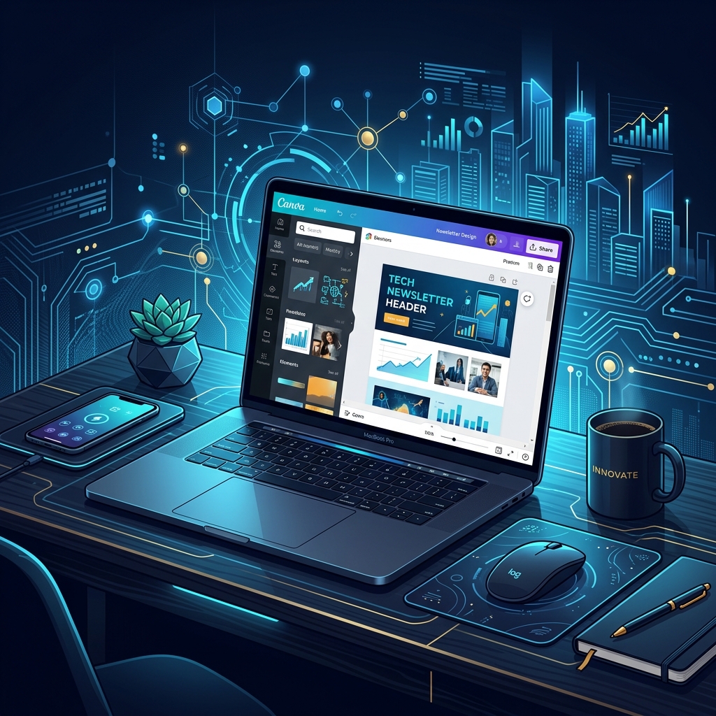Modern tech workspace with laptop showing Canva interface - AI Precision Marketing