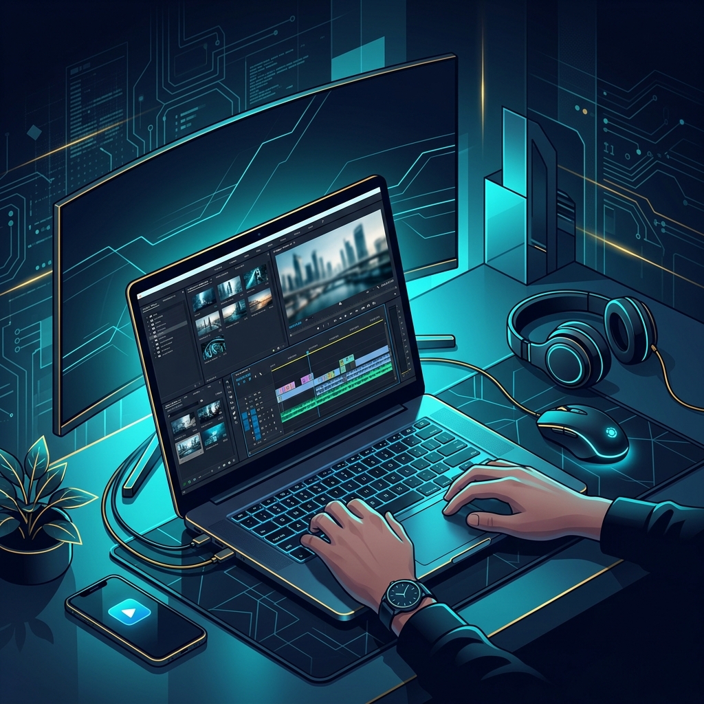 Modern tech workspace with laptop showing video editing interface - AI Precision Marketing