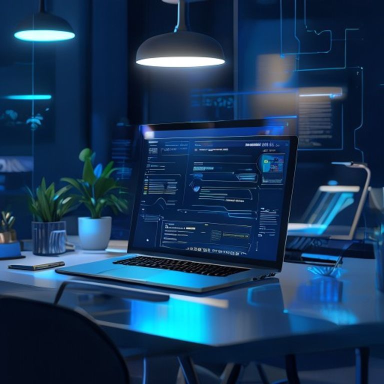 Modern tech workspace with laptop displaying Google AI interface, clean office setting with natur... - AI Precision Marketing