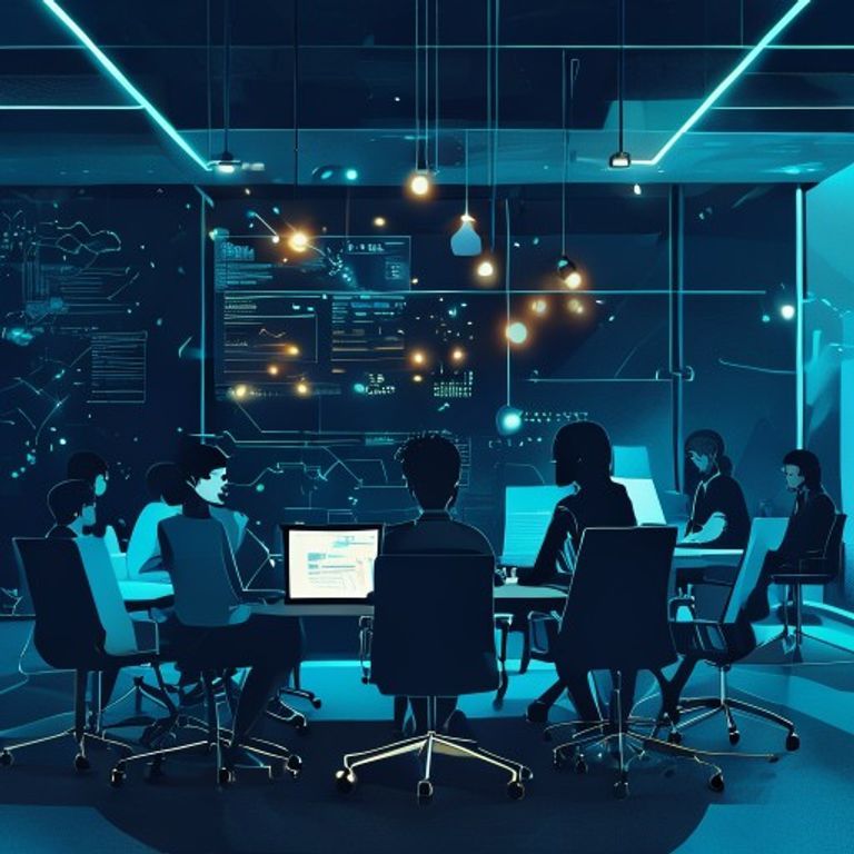 Modern meeting room with laptop displaying Fireflies.ai dashboard, people collaborating in backgr... - AI Precision Marketing