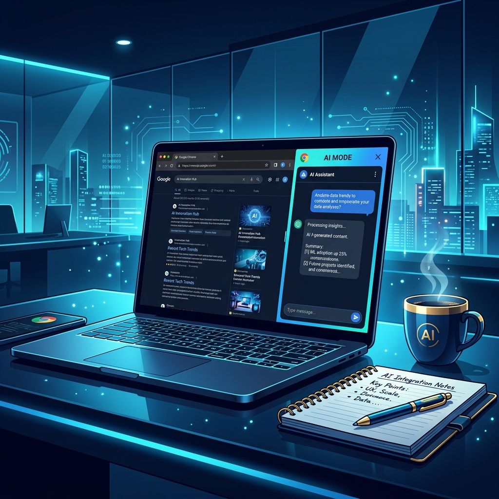 Modern office with laptop showing Chrome browser with AI Mode side-by-side view, clean workspace... - AI Precision Marketing