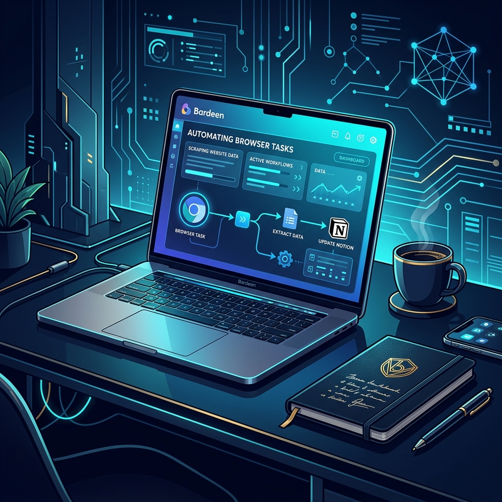 Modern office desk with laptop showing Bardeen AI interface automating browser tasks, coffee cup... - AI Precision Marketing
