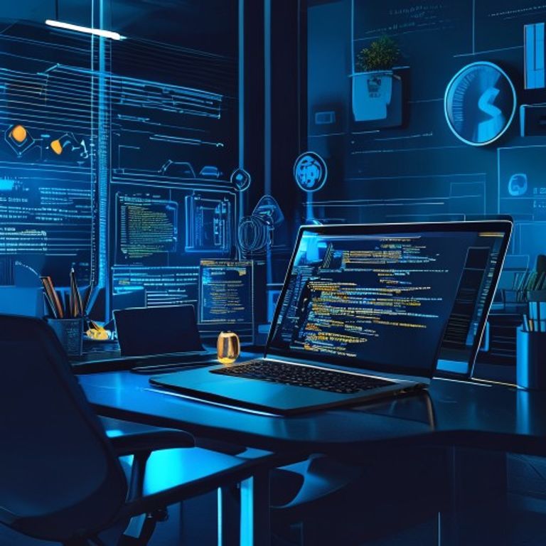 Modern tech workspace with laptop showing code, open-source software logos on screen, clean offic... - AI Precision Marketing