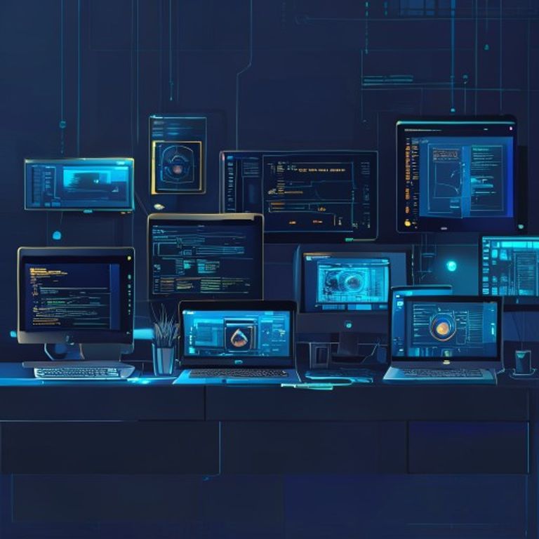 Modern tech workspace with multiple laptop screens displaying different AI model interfaces, clea... - AI Precision Marketing