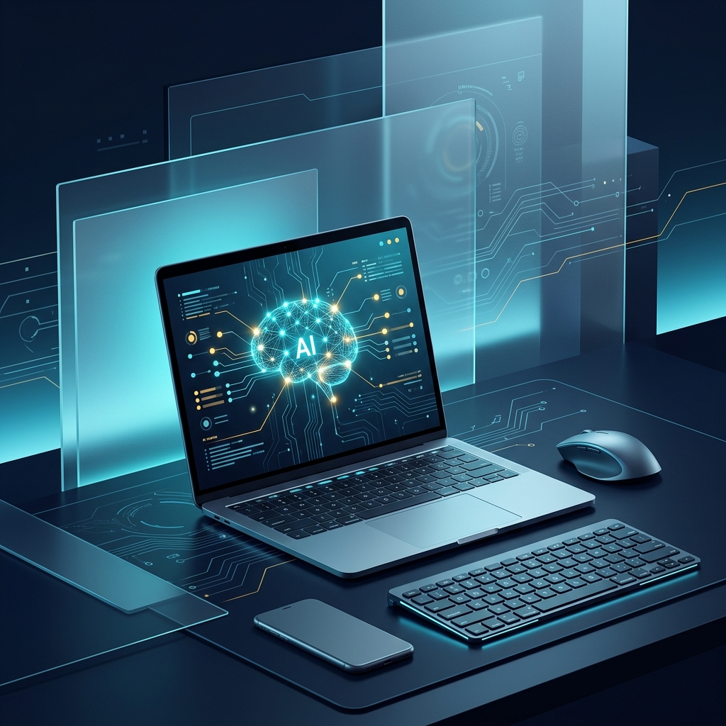 Modern office workspace with laptop displaying AI interface, natural lighting, clean desk setup,... - AI Precision Marketing