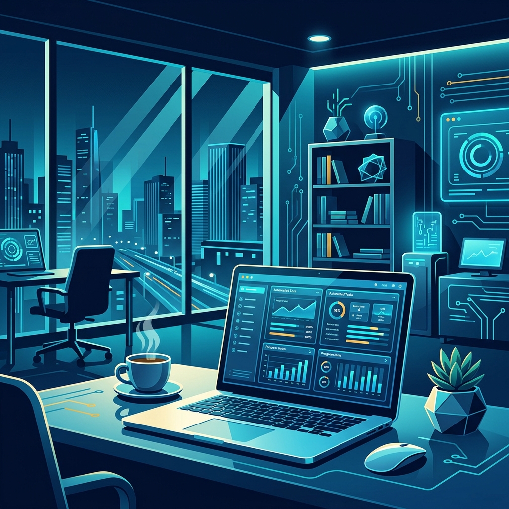 Modern small business office with laptop showing automated task dashboard, clean desk with coffee... - AI Precision Marketing