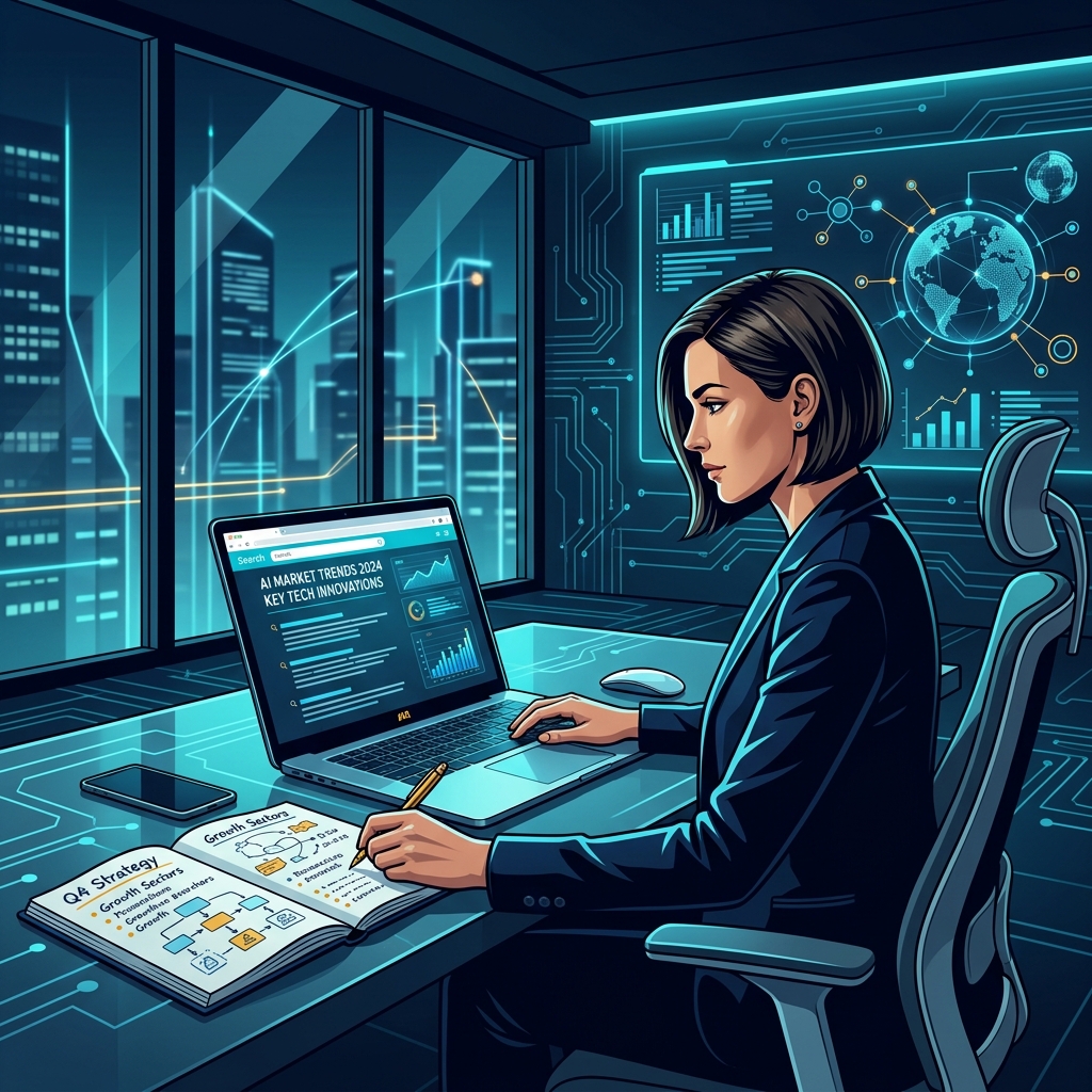 Business owner at desk with laptop showing search results and research notes, modern office setti... - AI Precision Marketing