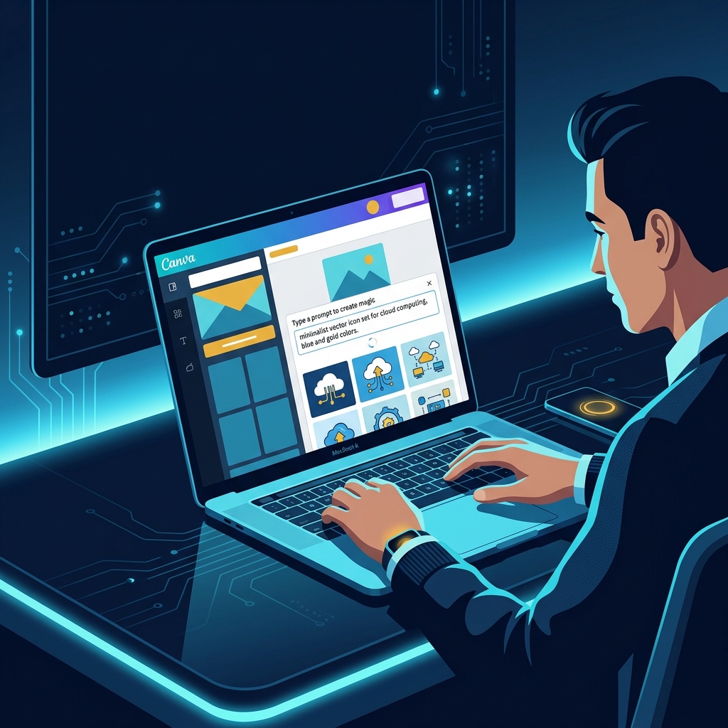 Modern tech workspace with laptop displaying Canva interface, person creating visuals with simple... - AI Precision Marketing