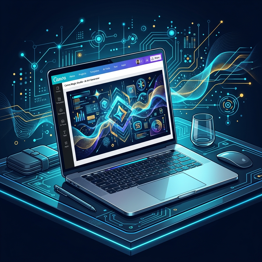 Modern tech workspace with laptop displaying Canva interface showing AI-generated graphics - AI Precision Marketing