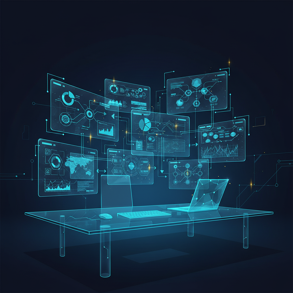 Modern tech scene, clean office with multiple screens showing connected business applications and... - AI Precision Marketing