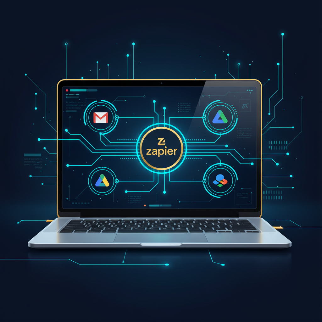 Modern tech workspace with a laptop displaying Zapier's interface, showing connected apps like Gm... - AI Precision Marketing