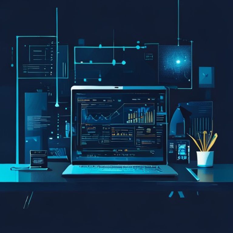 Modern financial tech workspace showing laptop with banking dashboard, clean office setting - AI Precision Marketing
