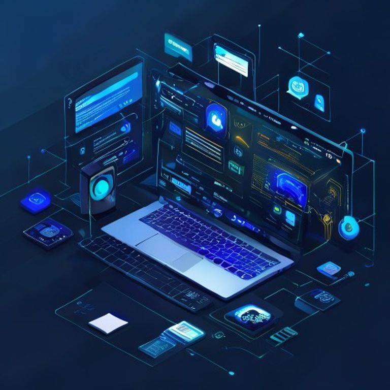 Modern workspace showing laptop with Zapier dashboard, various app icons connected - AI Precision Marketing