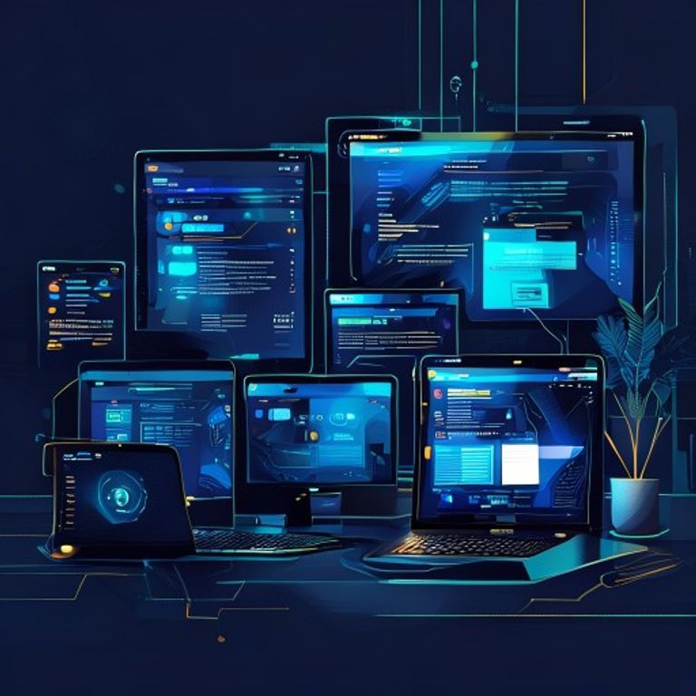 Modern tech workspace with multiple laptop screens showing mobile app development interfaces - AI Precision Marketing