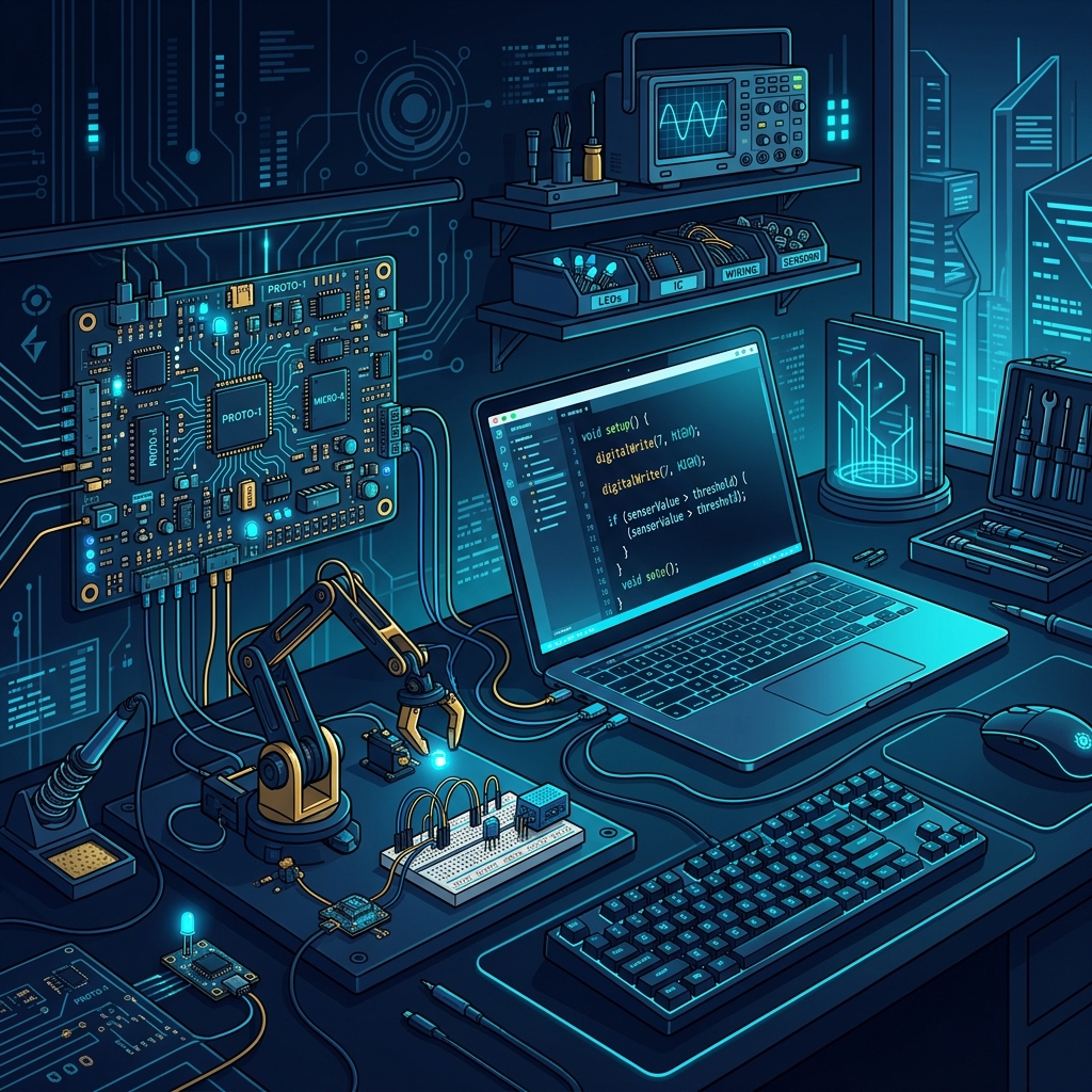 Modern tech workspace with circuit boards, laptop displaying code, and physical prototypes - AI Precision Marketing