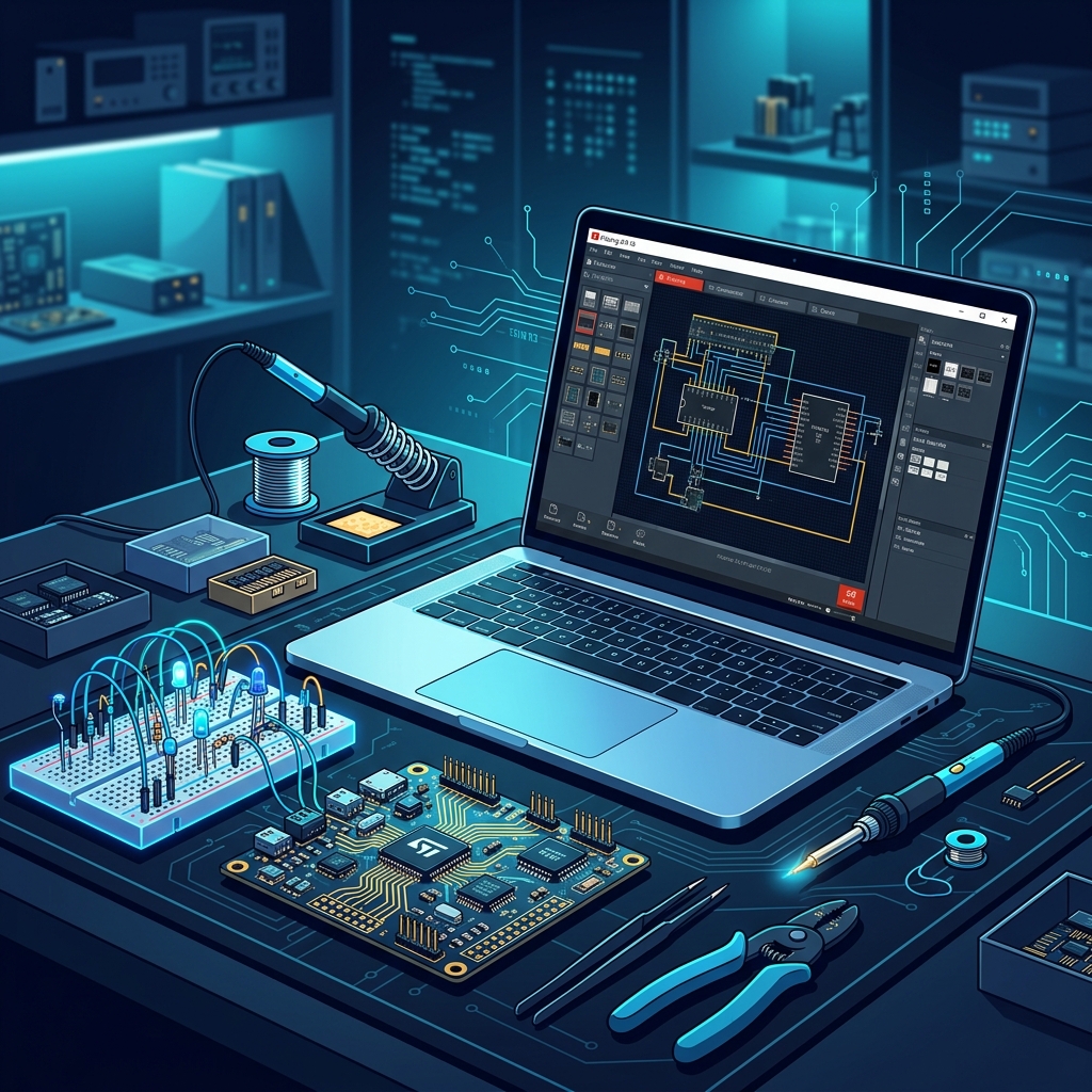 Modern electronics workspace with circuit boards, components, and laptop running Fritzing - AI Precision Marketing