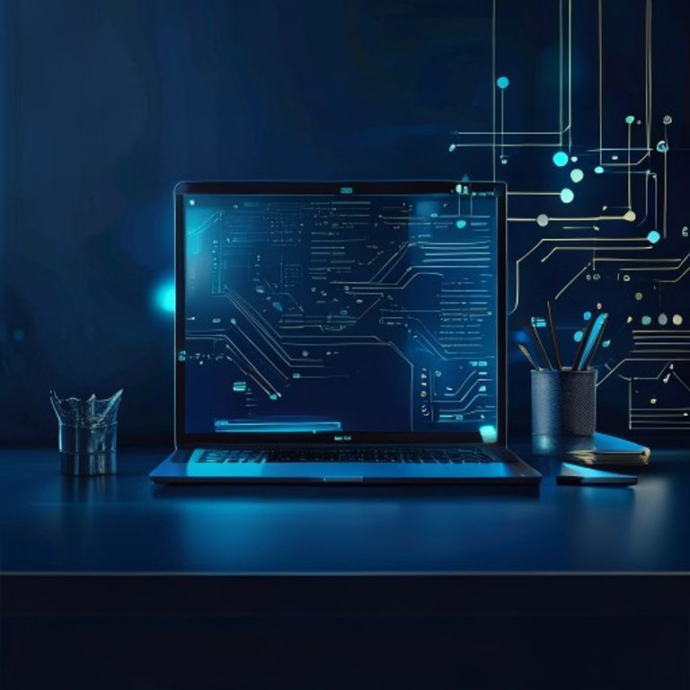 Modern tech scene, clean office, laptop screen, tech workspace - AI Precision Marketing