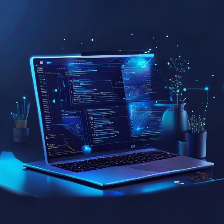 Modern desktop workspace showing a laptop with open documents and an AI interface overlay - AI Precision Marketing