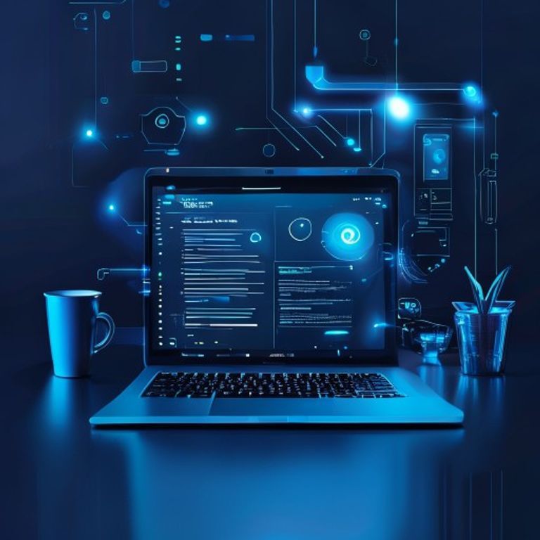 Modern workspace with laptop showing Notion interface and AI features - AI Precision Marketing