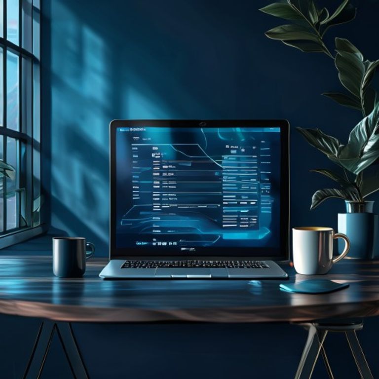 Modern office desk, laptop showing calendar view, coffee mug, natural light - AI Precision Marketing